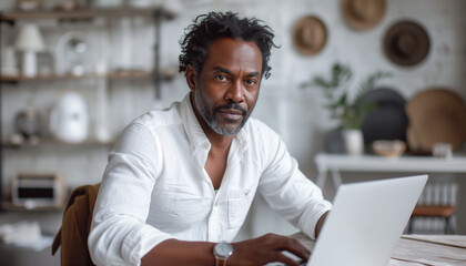 Obraz premium Thinking black african american man 40 years old in white t shirt wearing a wristwatch with curly hair, working on laptop, typing of ideas in office and copywriting in modern white interior. 