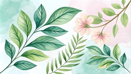 Watercolor Green Leaf Branches Set, Elegant Floral Watercolor Elements