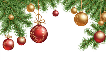 Red and gold ornaments hang from a pine branch, adding festive cheer to the holiday season