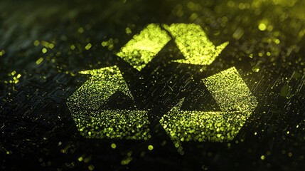 Recycling symbol glowing in green light, representing sustainability and eco friendliness. background features textured surface, enhancing visual impact