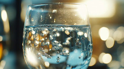 Crystal-clear water in a glass, close-up view