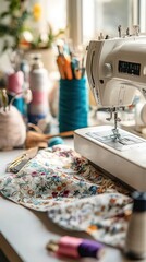  Sewing machine with fabric swatches, scissors, and pins laid out, with partially stitched garment under needle.