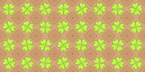 Green clover leaves with black edging and striped rhombs on a beige background. St. Patrick's Day endless texture with plant and geometric ornament. Vector seamless pattern for wrapping paper or print