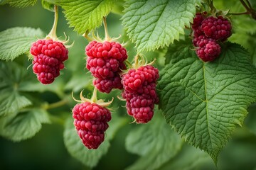 A branch of red raspberries nestled in green leaves with a rustic orchard background, Ai Generated
