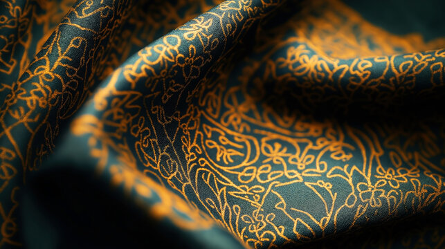 Close-up of intricately designed fabric with golden floral patterns on a dark background, showcasing detailed texture and artistic floral motifs.