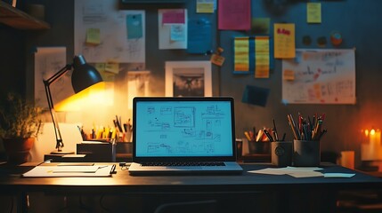 Naklejka premium Creative workspace with a laptop showing a prototype, design sketches, and sticky notes on the wall