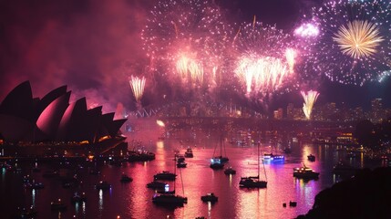 Fototapeta premium A vibrant fireworks display over Sydney Harbour on New Year's Eve.