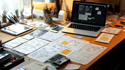 Flat lay of a desk with a laptop, tablet showing app prototypes, and wireframe sketches