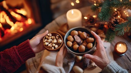 Naklejka premium Two hands hold bowls of nuts in front of a cozy fireplace