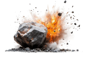 Explosion of a rock with debris flying in all directions during a mining operation in a quarry setting at noon