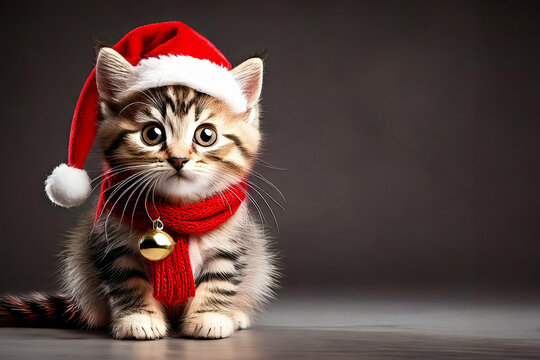 Portrait studio shot of a cute little cat wearing a red sweater, scarf and red Santa Claus hat on Christmas Day, Happy New Year.