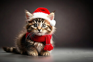 Portrait studio shot of a cute little cat wearing a red sweater, scarf and red Santa Claus hat on Christmas Day, Happy New Year.