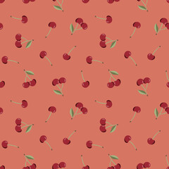 Seamless pattern with red cherry fruit with green leaves. Red cherries repeating background. Summer fruit print. Perfect for packaging, wallpaper, fabric, wrapping, stationery, scrapbooking projects.