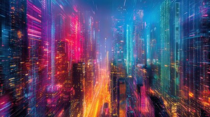A vibrant, futuristic city skyline with colorful neon lights, depicting the energy and dynamism of a modern urban center.