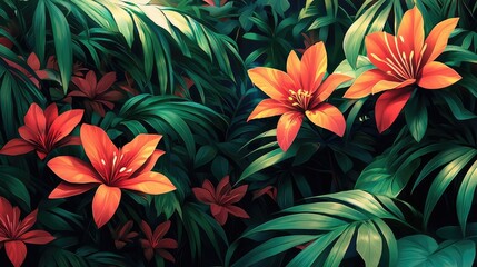Lush tropical foliage with bright orange flowers.