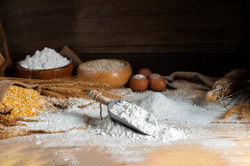 Rice flour, white wheat flour With ears of rice, natural agricultural food, top view