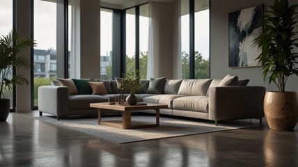 Modern living room with sectional sofa, coffee table, and plants.