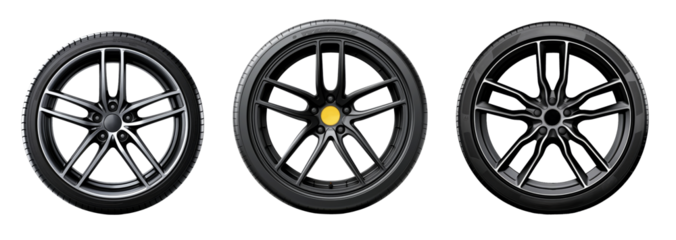 Three distinct black alloy wheels showcasing varying designs and sizes, ideal for enhancing automotive performance and aesthetics
