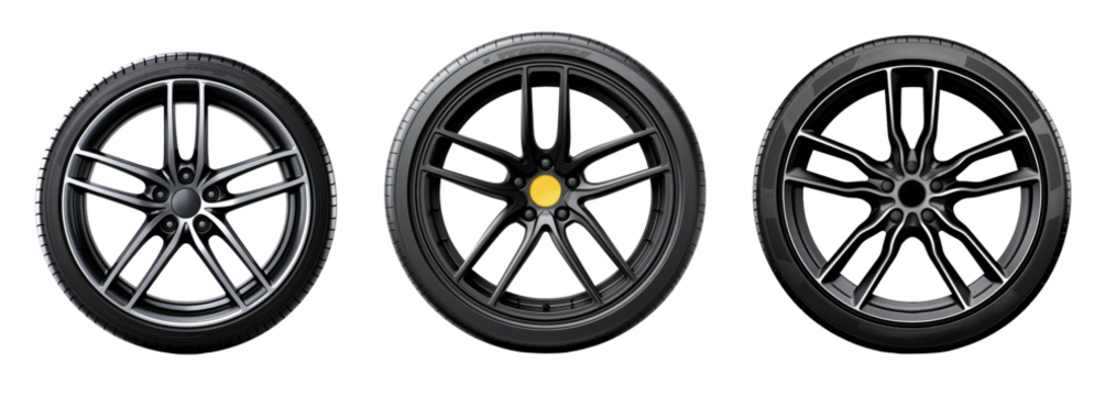 Three distinct black alloy wheels showcasing varying designs and sizes, ideal for enhancing automotive performance and aesthetics