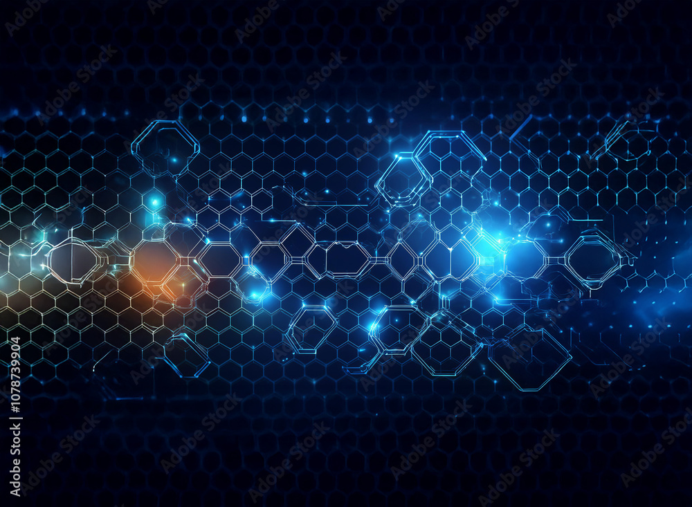 Poster An abstract digital background with a hexagonal grid pattern, glowing with blue and orange light.