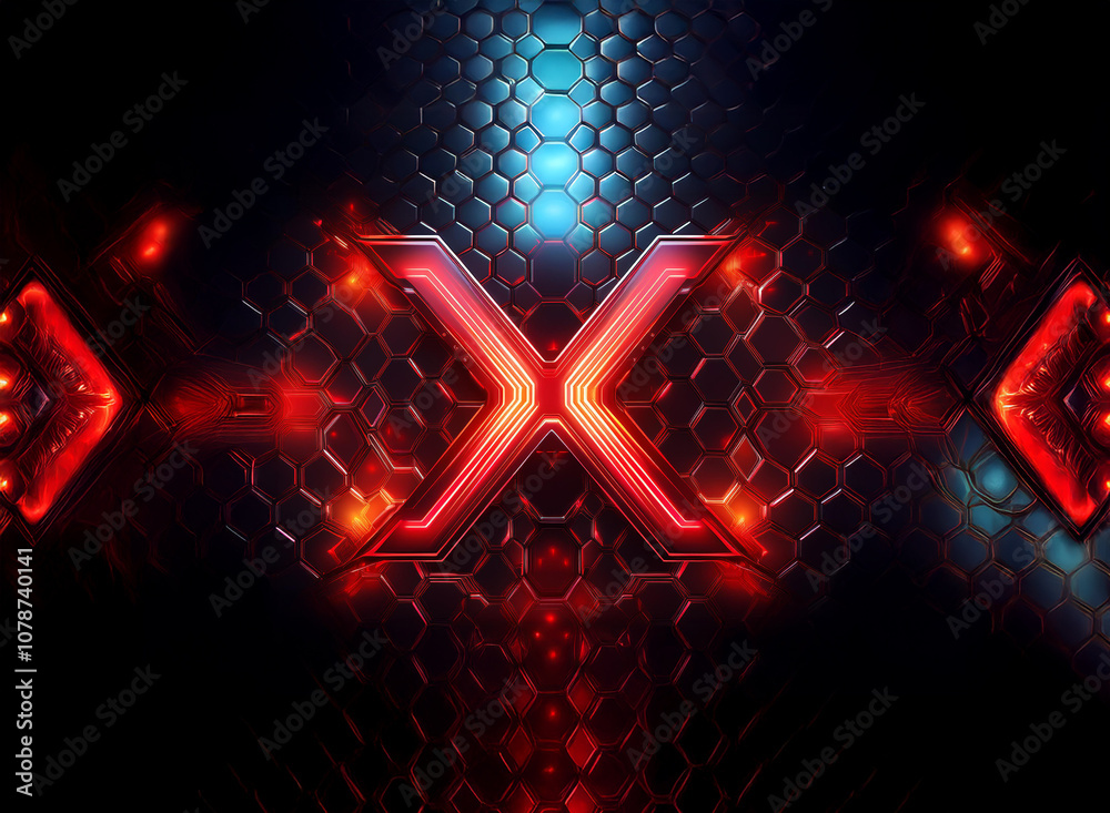 Aufkleber A glowing red 'X' shape is centered on a dark background with a hexagonal pattern and blue lights in the background.