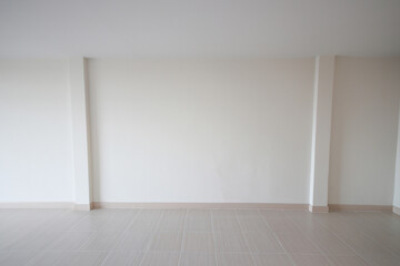 White room for the background. empty room interior, white mortar wall and clean tile floor in a new house