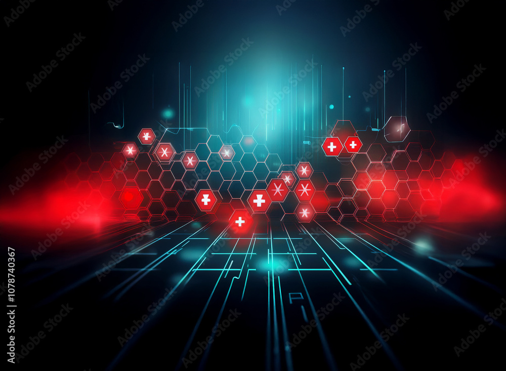 Leinwandbilder An abstract digital background with a futuristic design in shades of blue and red. The image features a grid of glowing hexagons with a red cross icon in the center.