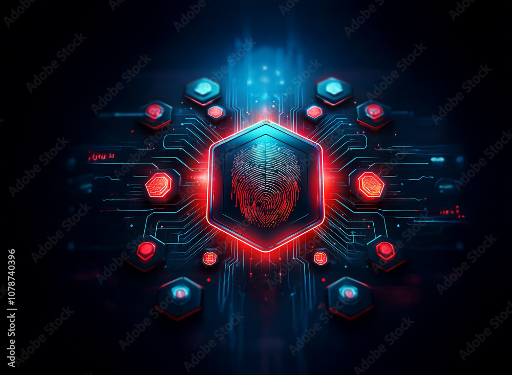 Aufkleber A digital fingerprint embedded within a glowing hexagon, surrounded by a network of circuits and nodes.