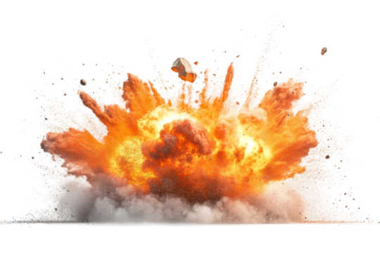 Large explosion sending debris and smoke into the air during a test at a remote location in broad daylight