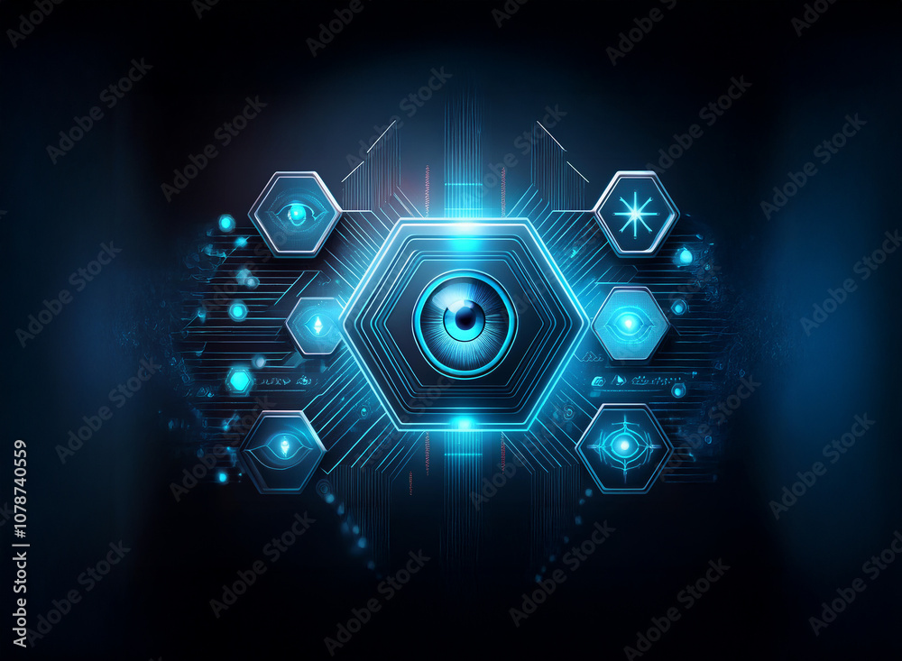 Poster A glowing blue eye in the center of a hexagonal shape with other hexagonal shapes surrounding it.