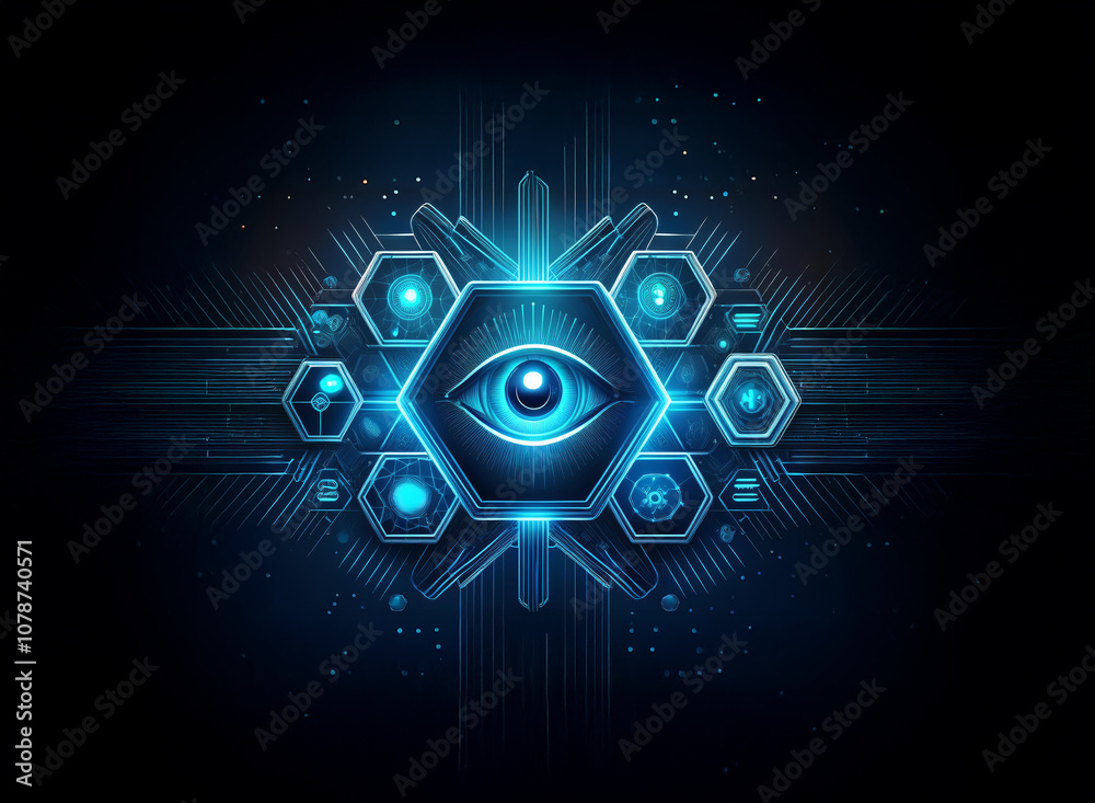 Poster a stylized eye within a hexagon, surrounded by other hexagons containing abstract symbols, sits in t