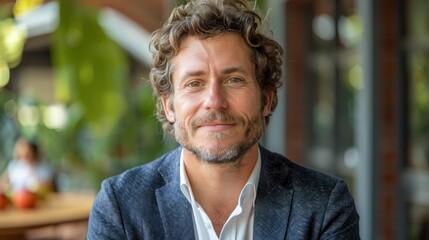 Fototapeta premium Portrait of a smiling man with curly hair looking at the camera.