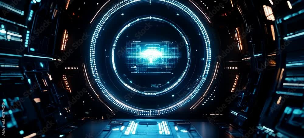 Poster Circular network system virtual space portal technology background. Generative video AI technology.	
