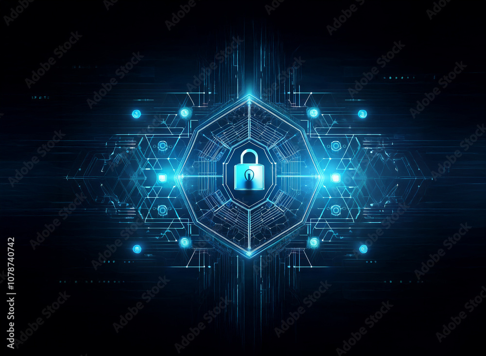 Aufkleber A glowing blue padlock sits in the center of a digital hexagonal shield.