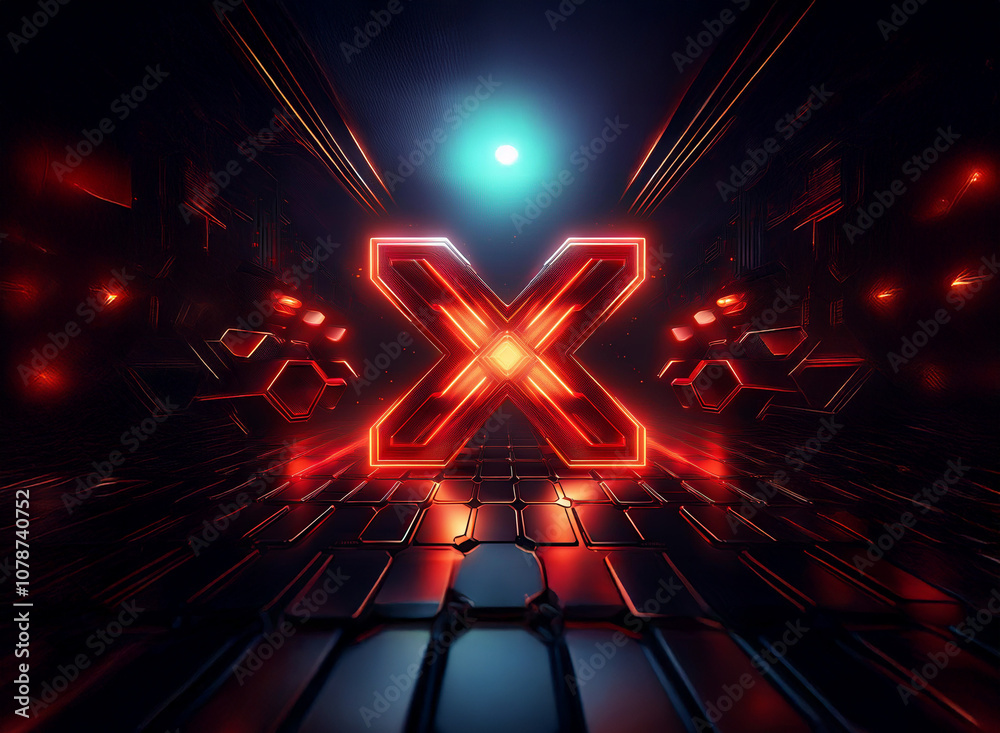 Aufkleber a glowing red 'x' sits in the center of a futuristic, tiled corridor with a glowing orb at the far e