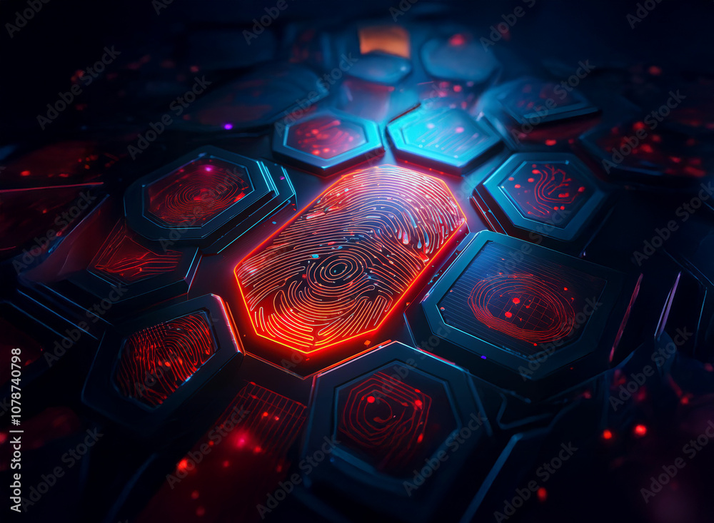 Leinwandbilder A glowing fingerprint embedded within a honeycomb-shaped structure.