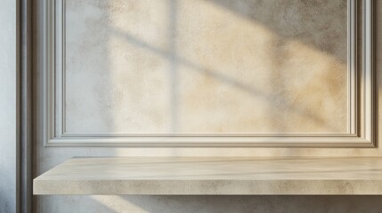 A beige tabletop in front of classic wall panels, perfect for showcasing cosmetics, drinks, or food. Empty concrete countertop ready for presentation.