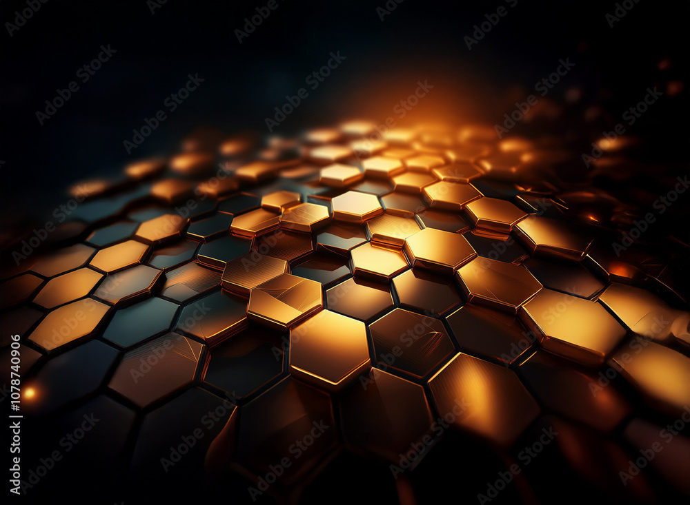 Fototapete a dark background with a glowing orange light shines on a field of gold and black hexagonal shapes.