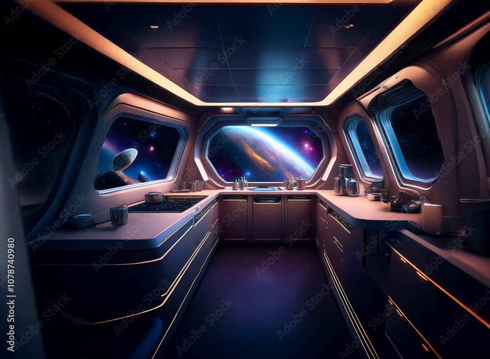 Poster a futuristic kitchen with a view of a distant planet and stars through multiple windows.