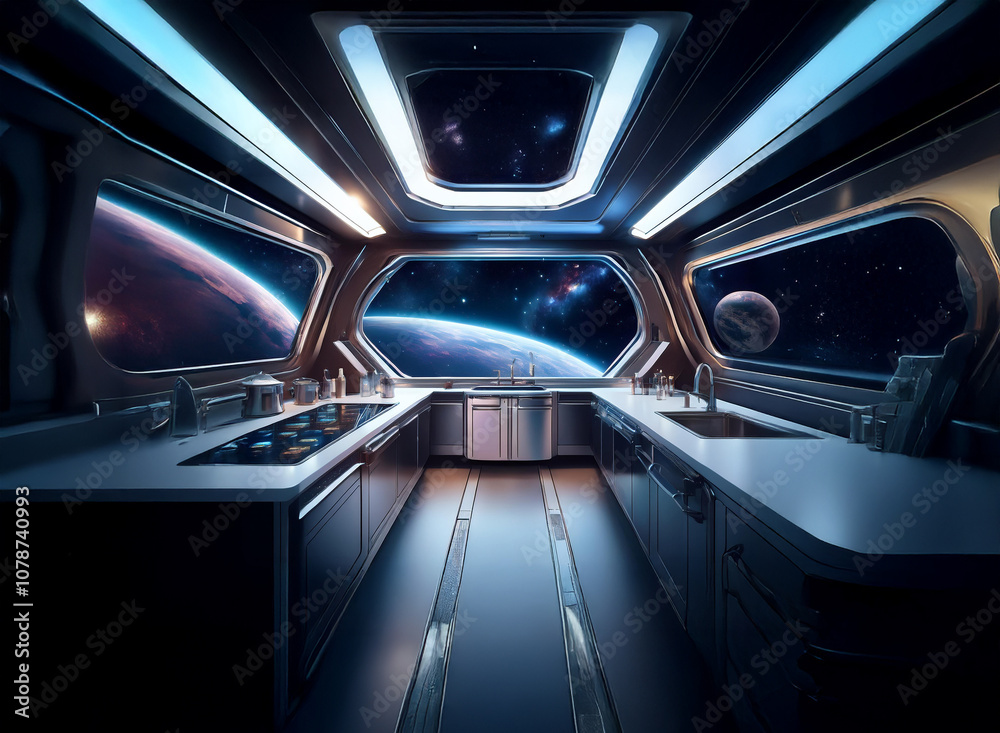 Poster a futuristic kitchen with large windows looking out at a vast space scene with planets and stars.