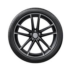 Obraz premium A sleek black alloy wheel with a modern design and performance tire suitable for sports cars, displayed on a white background