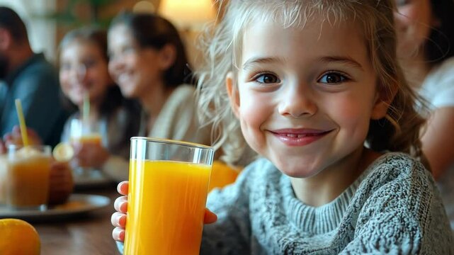 A young girl is smiling and holding a glass of orange juice