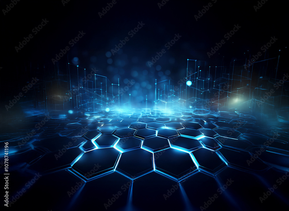 Fototapete A dark background with a glowing blue honeycomb pattern in the foreground. The pattern is lit from below and fades into a blurry background with abstract shapes.