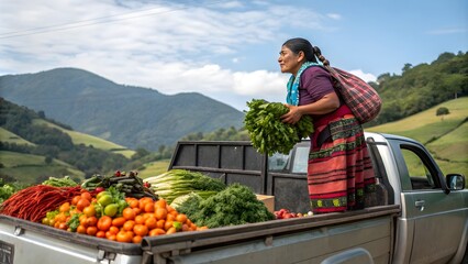 Indigenous Woman with Fresh Vegetables in Truck, Rural Guatemala Scene
Guatemalan Indigenous Woman Transporting Fresh Produce, Rural Agriculture
