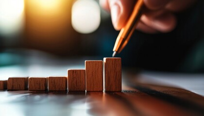 A hand holding a pencil graphs wooden blocks ascending in height, symbolizing growth, progress, and analysis in a business or educational context.