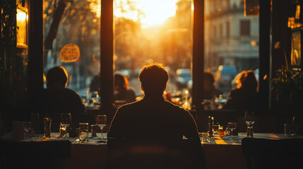 Obraz premium Feeling Unseen in Crowd. A silhouette of a solitary person sits at a table, gazing at a sunset through large windows, with patrons enjoying their meals in the background.
