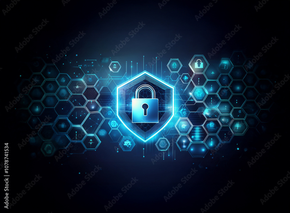 Poster A glowing blue padlock inside a shield is surrounded by a futuristic digital background of hexagons and abstract symbols.