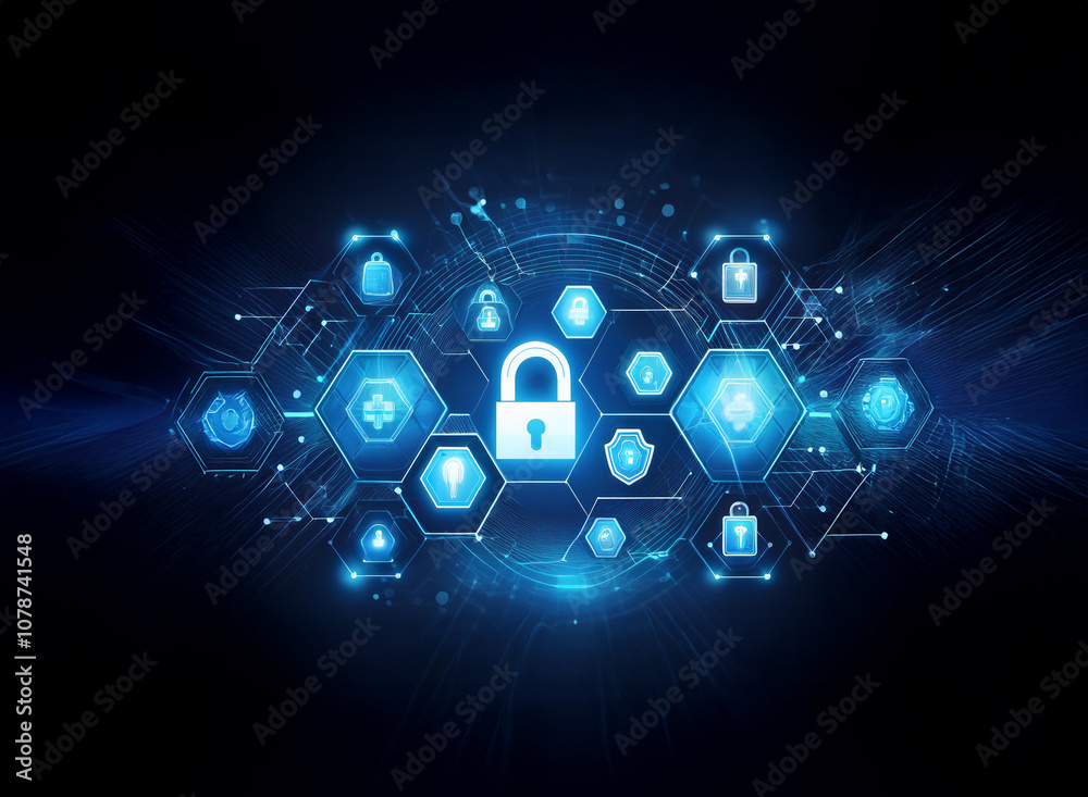 Leinwandbilder a glowing blue padlock icon sits in the center of a hexagonal network of security icons against a da