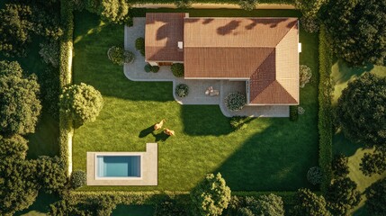 A cozy L-shaped house with a well-maintained lawn and a golden retriever playing near a small swimming pool in the center.