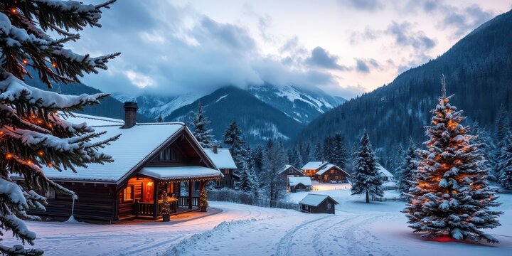 Snow-covered mountain cabin decorated with festive Christmas lights and a glowing tree overlooking a picturesque winter landscape, Landschaft, Berge, Abgeschiedenheit